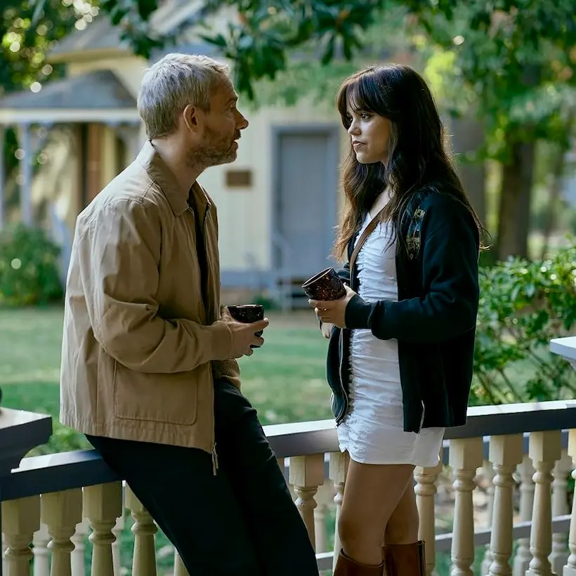 Martin Freeman and Jenna Ortega in Miller's Girl (2024)